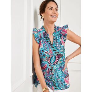 Talbots Blue Botanical Print Ruffle Trim Pop Over Blouse Size M Coastal Grandma